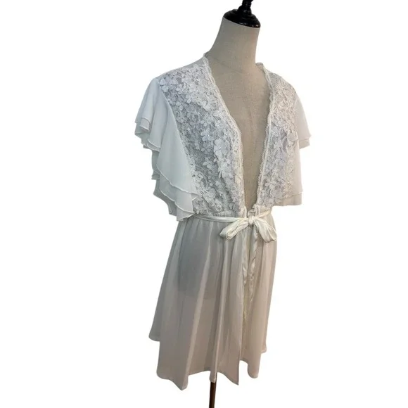 Vtg Seductivewear Sheer Short Robe Sz XL White Floral Bridal Boudoir Cover Up - Picture 4 of 8